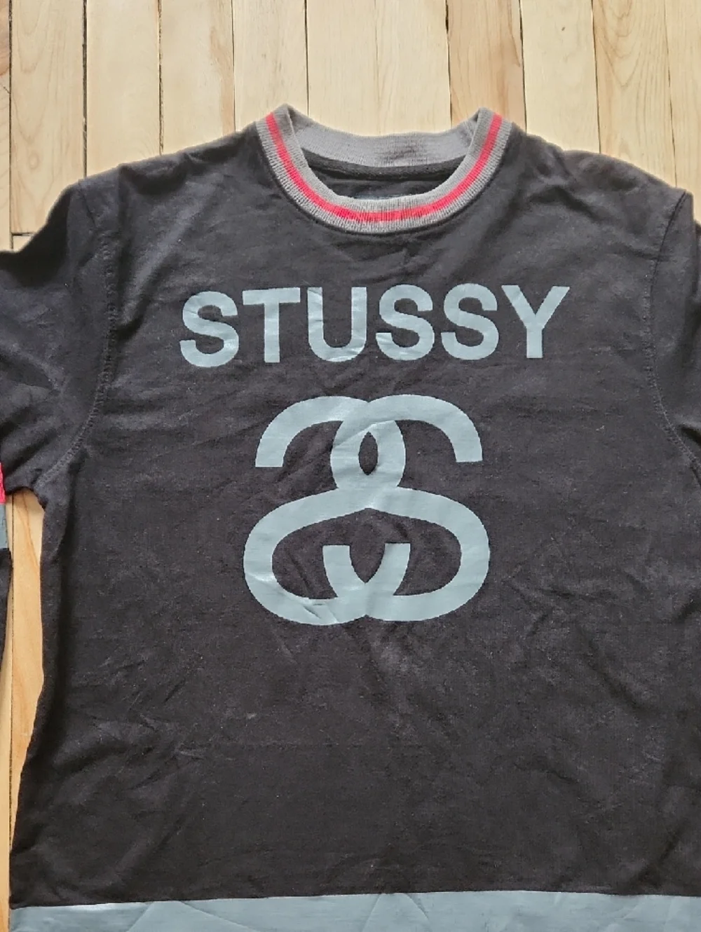 Stussy Black Tee with Gray Logo and Red Stripe Accents - Picture 2 of 16
